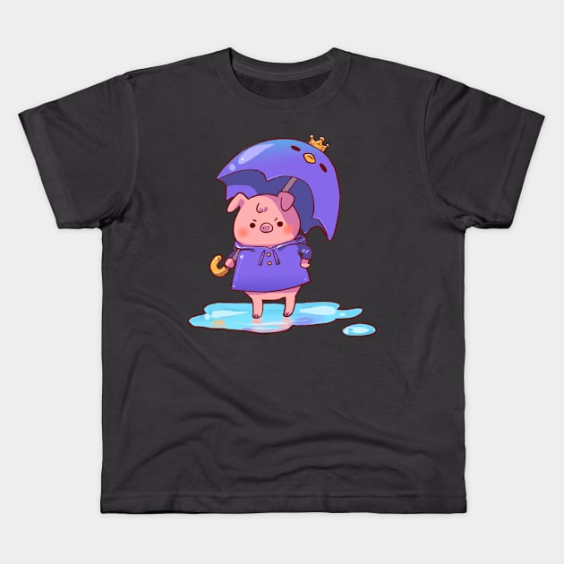 Pissed Pudgy Pig in a Purple Poncho with a Penguin Umbrella Kids T-Shirt by vooolatility